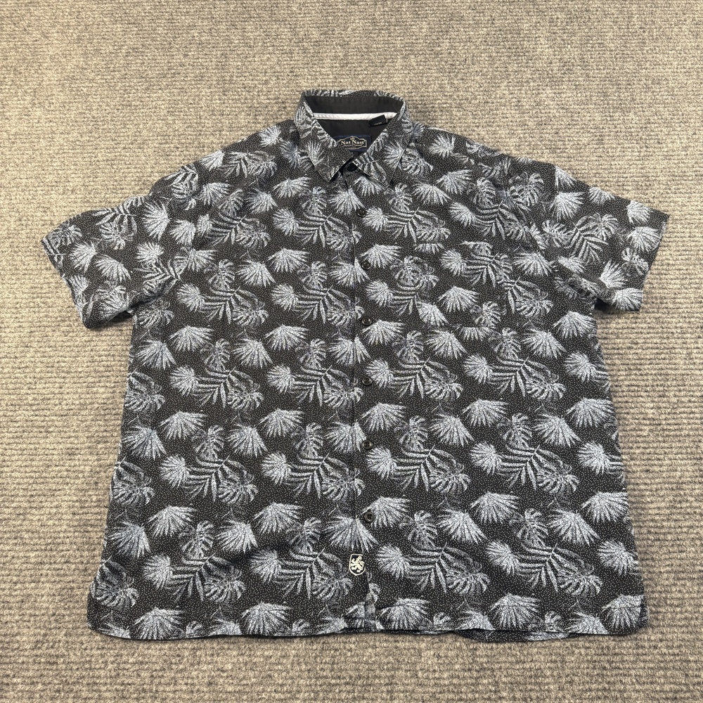 Nat Nast Shirt Mens Large Blue Palm Hawaiian Silk Blend Button Up Short Sleeve